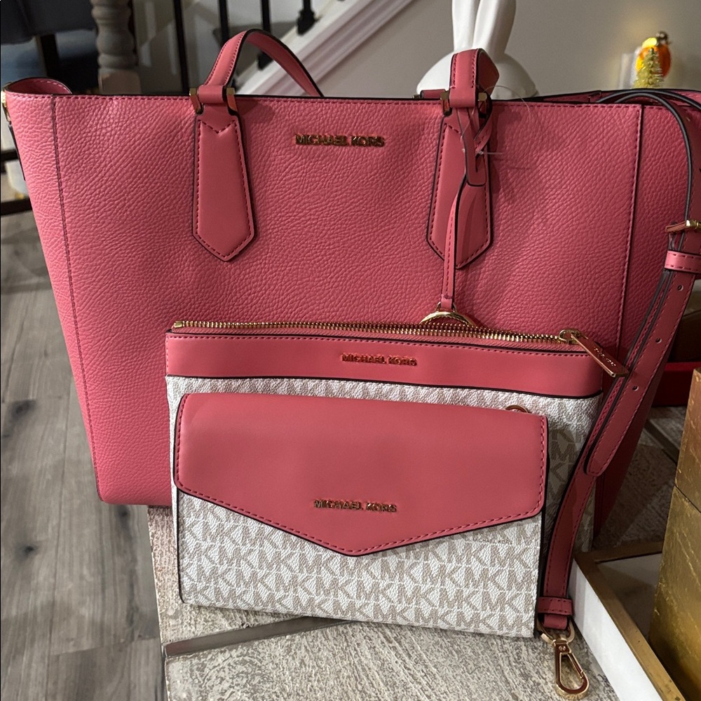 Michael Kors Vibrant Pink Tote with detachable clutch and makeup bag with strap.